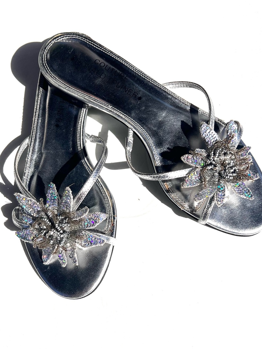 Donald J. Pliner COUTURE Silver Floral Embellished Flat Sandals